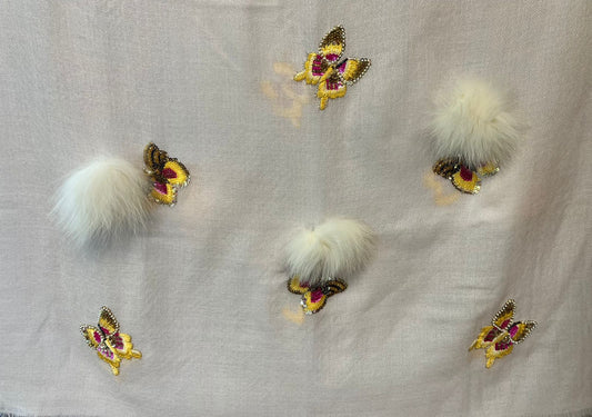 Hand Embroidered Stone and Crystal Butterflies and Fur Embedded Stole